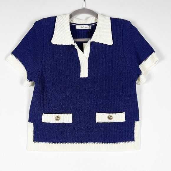 NEW The Femm Dane Boxy Knit Stretch Collared Polo Short Sleeve Sweater Midnight - Picture 1 of 4